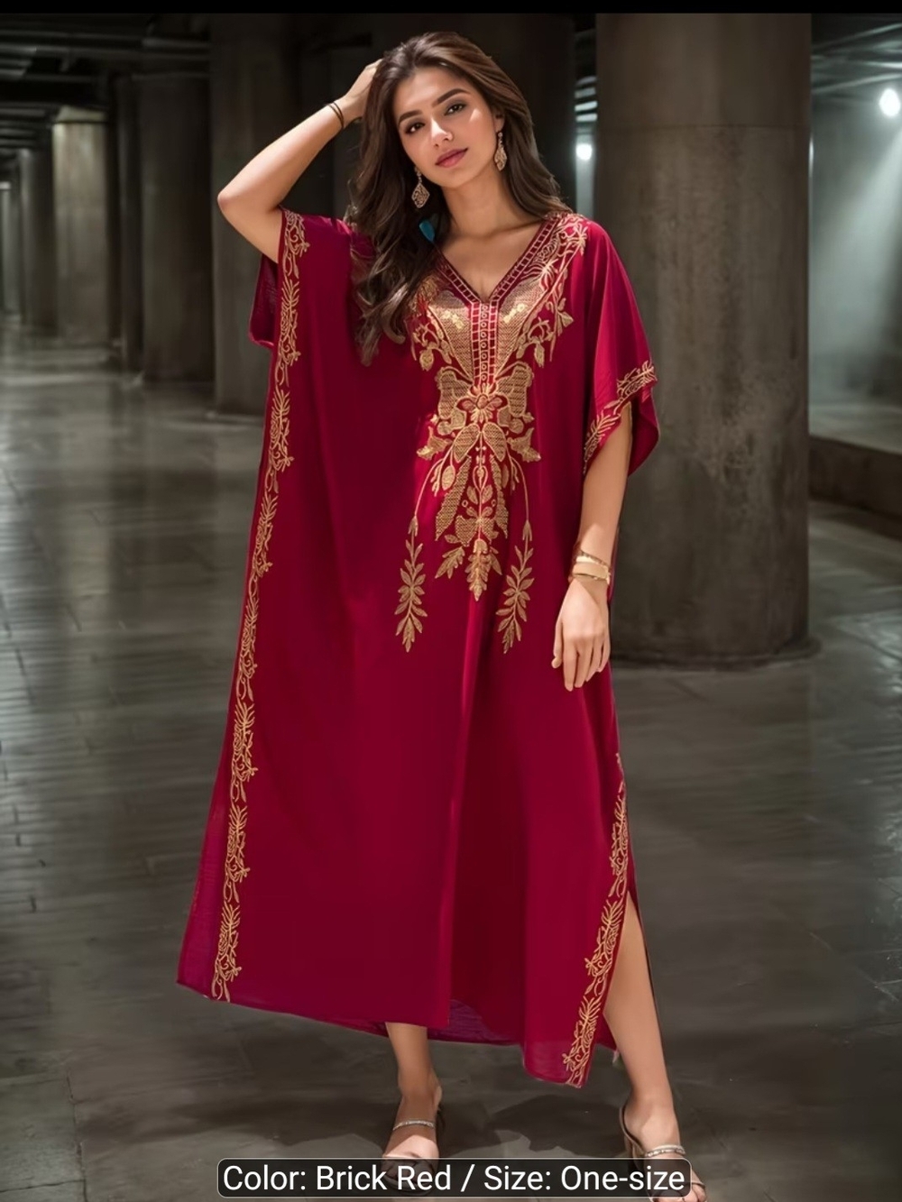 Brick Red Embroidered Maxi Dress - Elegant One-Size Caftan With GOLD Detailing